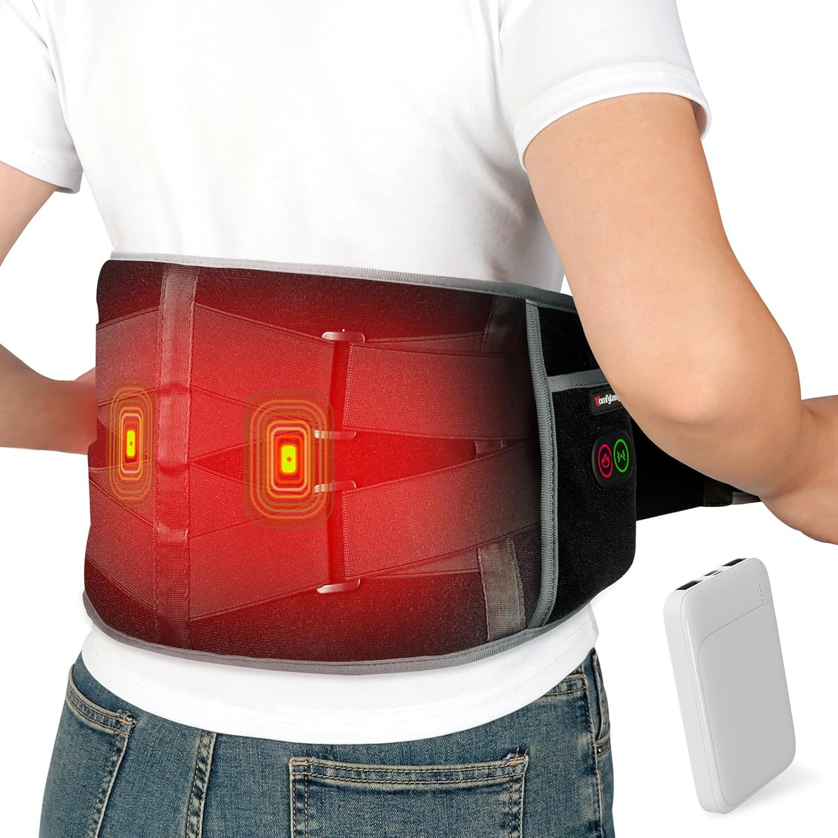 Comfytemp Cordless Heating Pad with Massager for Back, Portable Heated Belt with 3 Heat Levels and 3 Vibration Modes, 5000mAh Rechargeable Battery, Up to 58-Inch Waist, Black