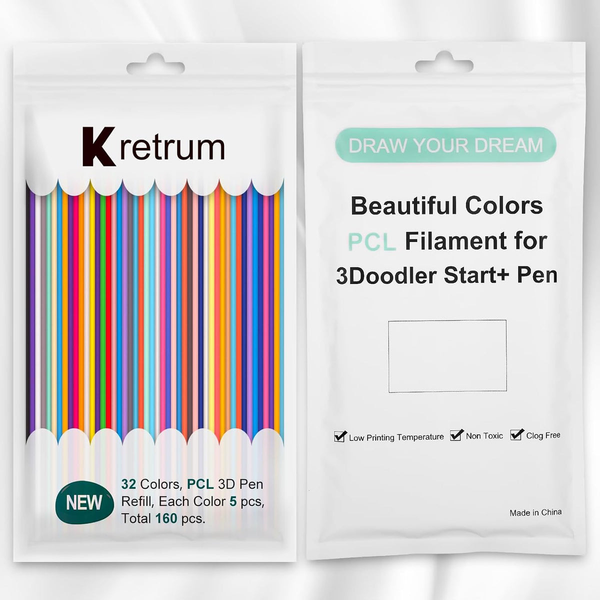 Kretrum 32-Color 3D Pen Refills for 3Doodler Start+, 160-Piece PCL Filament Pack, 2.5mm Low-Temperature Filament, 15cm Strands with Glow-in-the-Dark Colors