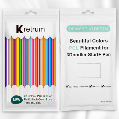 Kretrum 32-Color 3D Pen Refills for 3Doodler Start+, 160-Piece PCL Filament Pack, 2.5mm Low-Temperature Filament, 15cm Strands with Glow-in-the-Dark Colors