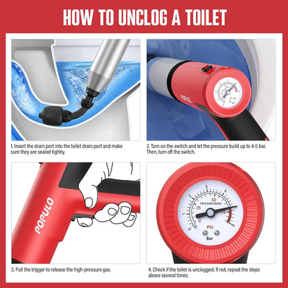 POPULO Electric Toilet Plunger, Air Powered Toilet Clog Remover, Heavy Duty Power Plunger, High Pressure Drain Unclogger for Household Toilets, Electric Drain Clog Remover with Built-in Air Pump
