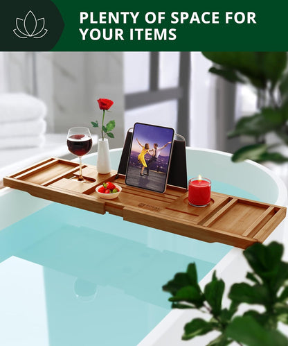 Trending Now Wood Bath Tray – Bathtub Tray for Tub, Expandable Bamboo Bath Tray & Bathtub Caddy with Book Holder, Wine Glass Holder, Phone & Tablet Stand, Spa Bath Accessories, Birthday Gifts for Mom