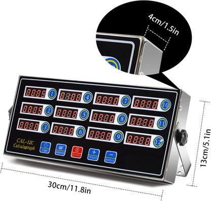 HyperionFlo Essentials Commercial 12-Channel Kitchen Timer, Professional Digital Restaurant Timer with LED Display, Adjustable Alarm & Stainless Steel Housing