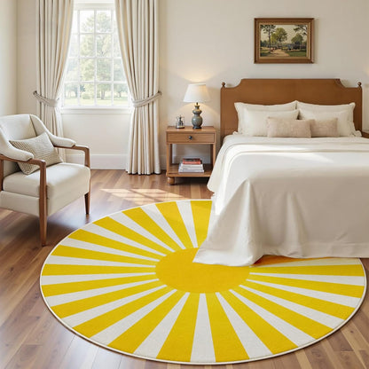 Yellow Rainbow Sun Round Rug 10Ft, Boho Print Circle Area Carpet, Washable
