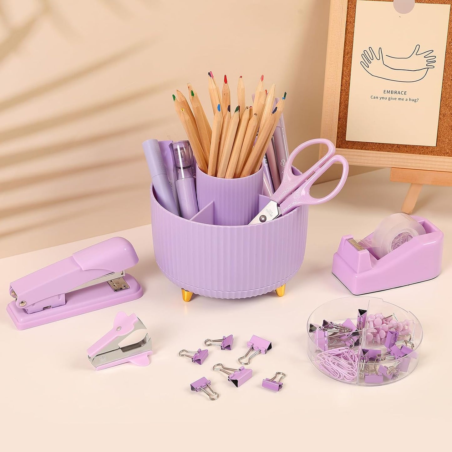 SKYDUE Purple Office Supplies Set with Rotating Pencil Holder for Desk, 11-Piece Desk Organizer and Stationery Kit