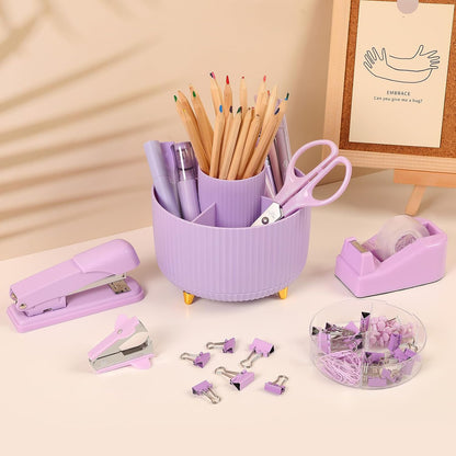SKYDUE Purple Office Supplies Set with Rotating Pencil Holder for Desk, 11-Piece Desk Organizer and Stationery Kit