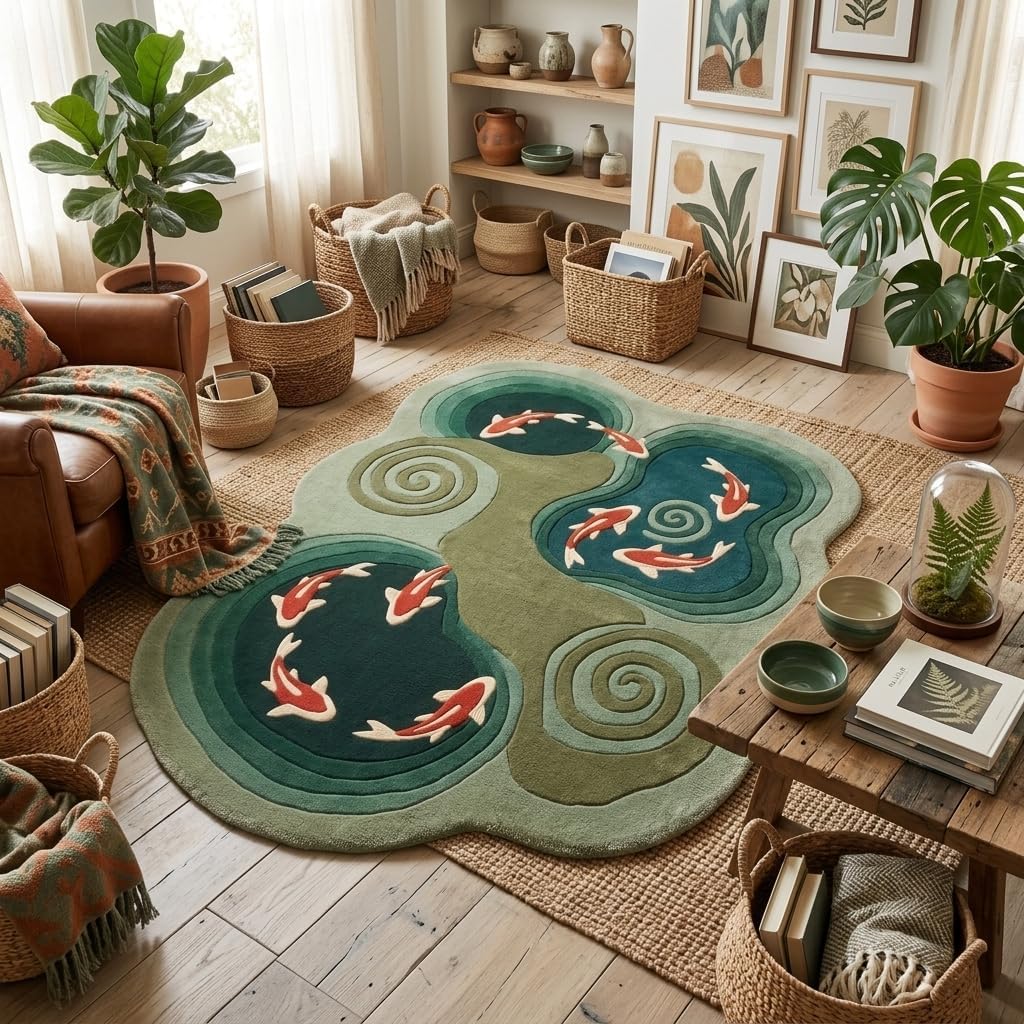 Koi Fish Pond Shaped Wool Rug, Hand-Tufted Green Zen Garden Area Rug with Koi & Water Spirals, Japanese Irregular Carpet for Living Room & Bedroom, Feng Shui Decor, 7x10 ft (213 x 304 cm)