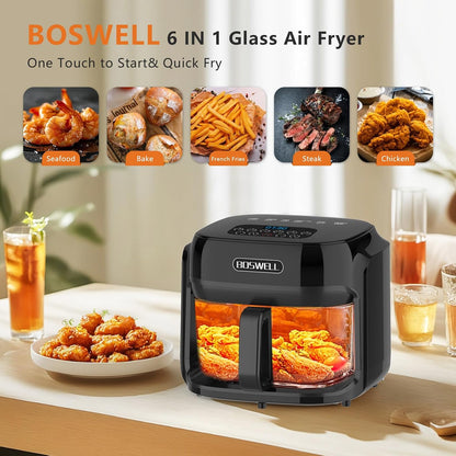 BOSWELL 7.5 QT Large Glass Air Fryer, 6-1 Preset Cook Modes | Transparent Fry Bowl, Black, Circulating Heating & Temperature Control, Steak, Fries, Bake...