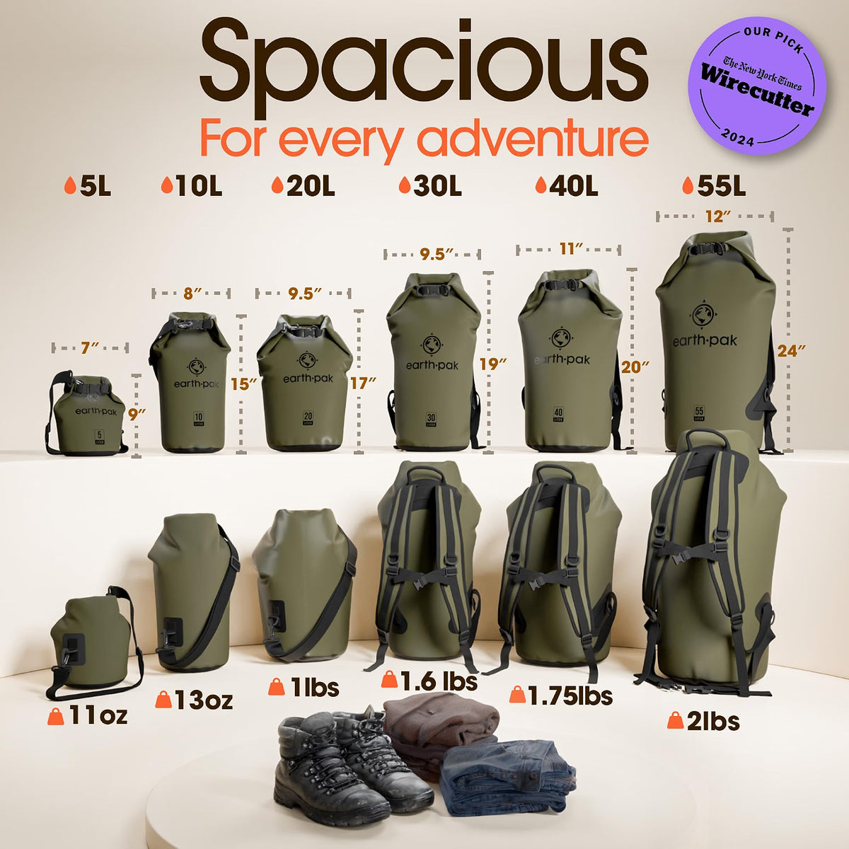 Earth Pak 20L Waterproof Dry Bag with Phone Case, Forest Green