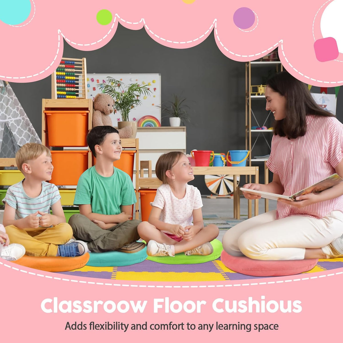 CroBlissful 8 Pcs 16 Inch Floor Cushions for Kid Classroom, Bright Color Flexible Seating for Classroom Elementary, 3.15 in Thick Round Floor Pillow, Back to School Furniture for Daycare Preschool