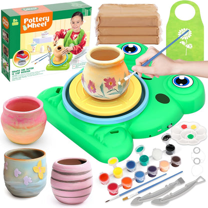 Aujazyble Pottery Wheel for Kids, Complete Pottery Painting Craft Kit with Air-Dry Clay, 12 Paint Colors & Sculpting Tools, Green, Arts & Crafts Toy for Ages 6+