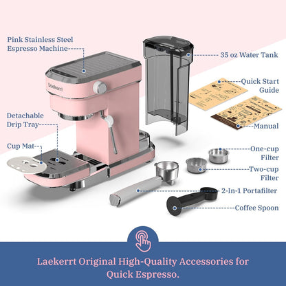 Laekerrt Professional Espresso Machine 20 Bar, Espresso Maker with Milk Frother Steam Wand, Stainless Steel Home Coffee Machines for Cappuccino and Latte, Gift for Women Wife Daughter or Mom, Pink