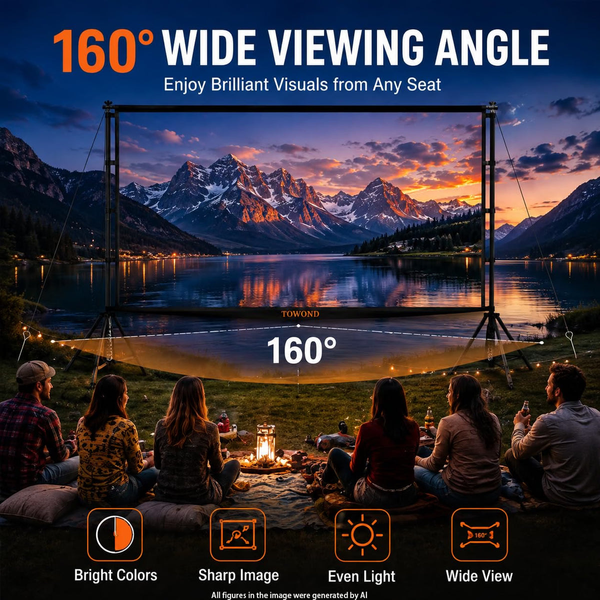 TOWOND 120-Inch Outdoor Projector Screen with Stand, 16:9 Portable HD Foldable Movie Screen, 4K/1080P Front & Rear Projection Screen with Carry Bag, Wind Anchor Kit