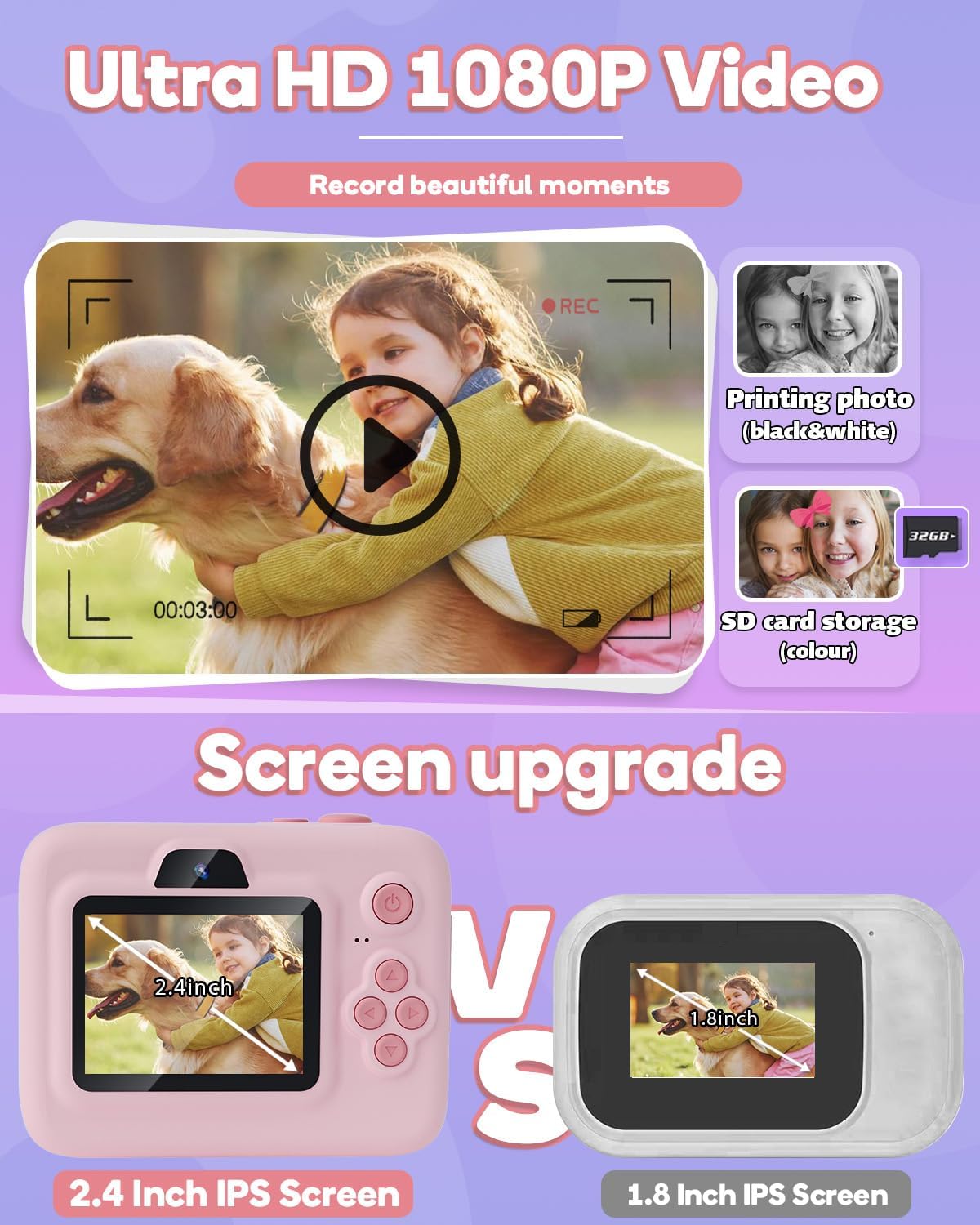 Dylanto Kids Instant Print Camera BLL2, 1080P Digital Camera with Thermal Printer, 2.4" Screen, 16X Digital Zoom, 32GB Memory Card, 3 Paper Rolls, Pink