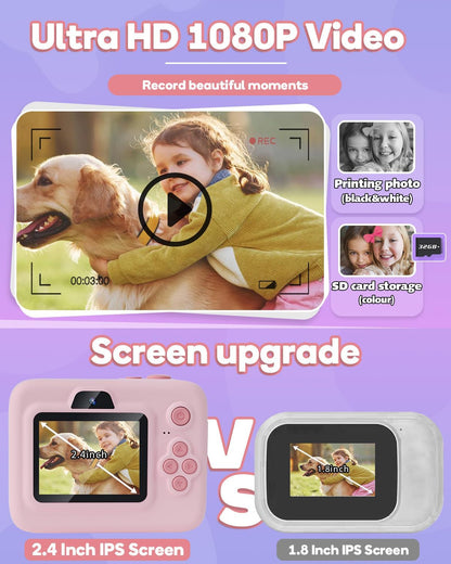 Dylanto Kids Instant Print Camera BLL2, 1080P Digital Camera with Thermal Printer, 2.4" Screen, 16X Digital Zoom, 32GB Memory Card, 3 Paper Rolls, Pink