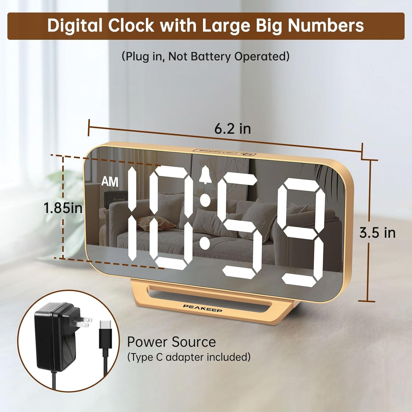 Slim Digital Mirror Alarm Clock, Large LED Display, 6-Level Brightness, Adjustable Alarm Volume, Gold