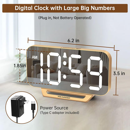 Slim Digital Mirror Alarm Clock, Large LED Display, 6-Level Brightness, Adjustable Alarm Volume, Gold