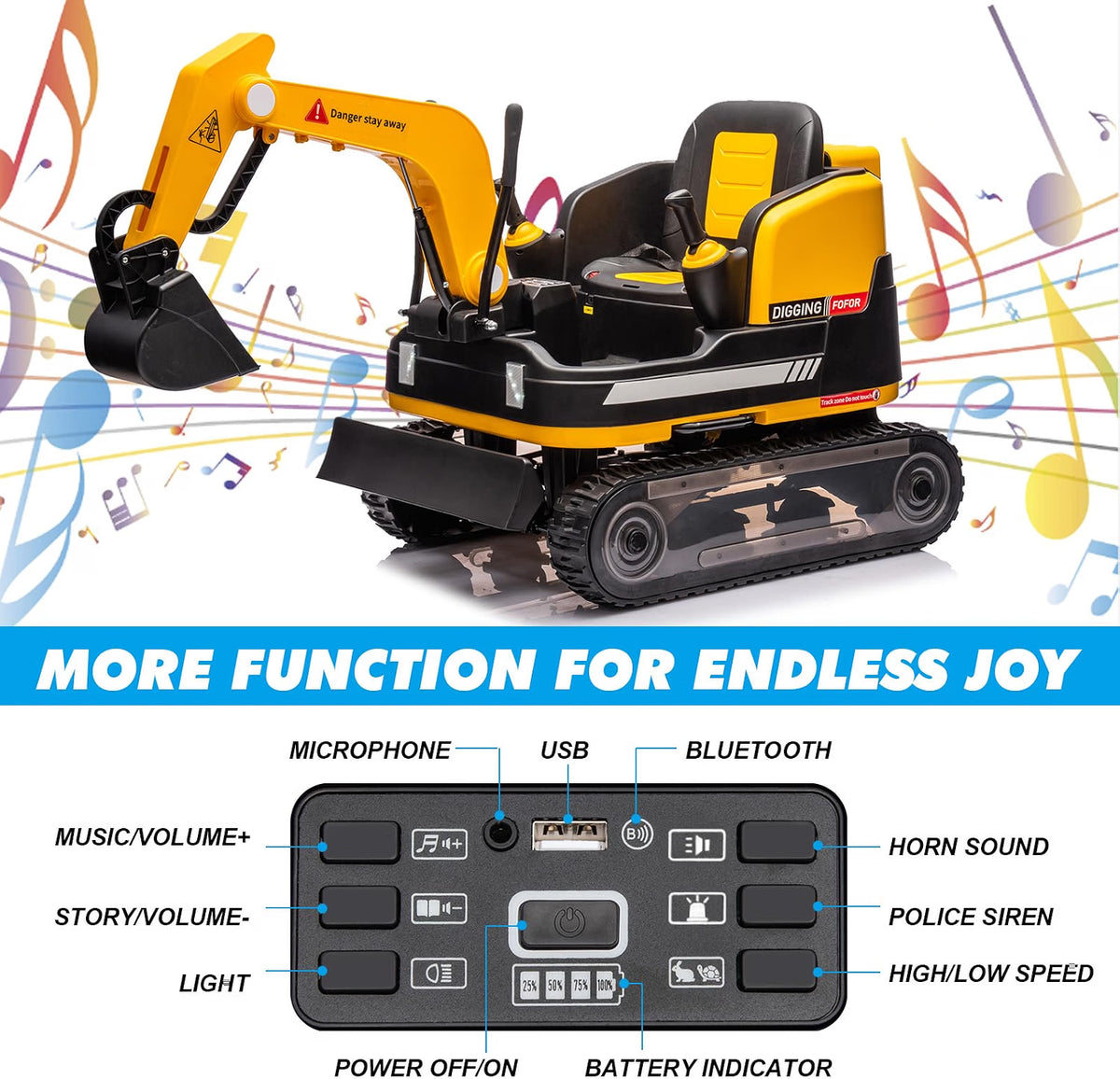 JOYLDIAS 2-in-1 Ride-On Excavator & Bulldozer, 12V Battery-Powered Kids Construction Vehicle with 360° Rotation, Parent Remote Control, Bluetooth, MP3 & Toolbox