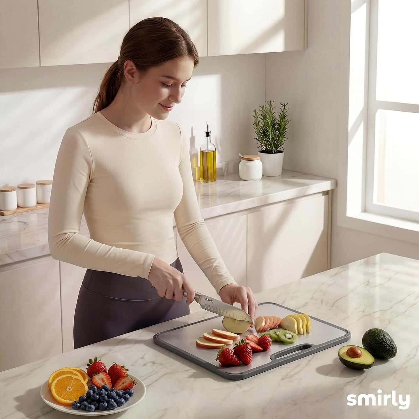 SMIRLY Titanium Cutting Board for Kitchen, with Holder, 3 Pack, Silver