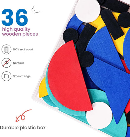 LiKee Wooden Shape Puzzle, 36 Wooden Shape Pieces & 60 Pattern Cards, Montessori Educational Toy for Kids 3+, Animal & Vehicle Designs with Storage Box