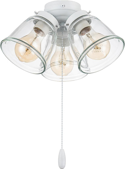 Aspen Creative 22013-1, Three-Light Ceiling Fan Light Kit with Pull Chain, Matte White Finish with Clear Glass Shades, 13-1/8" Diameter x 6-3/4" Height