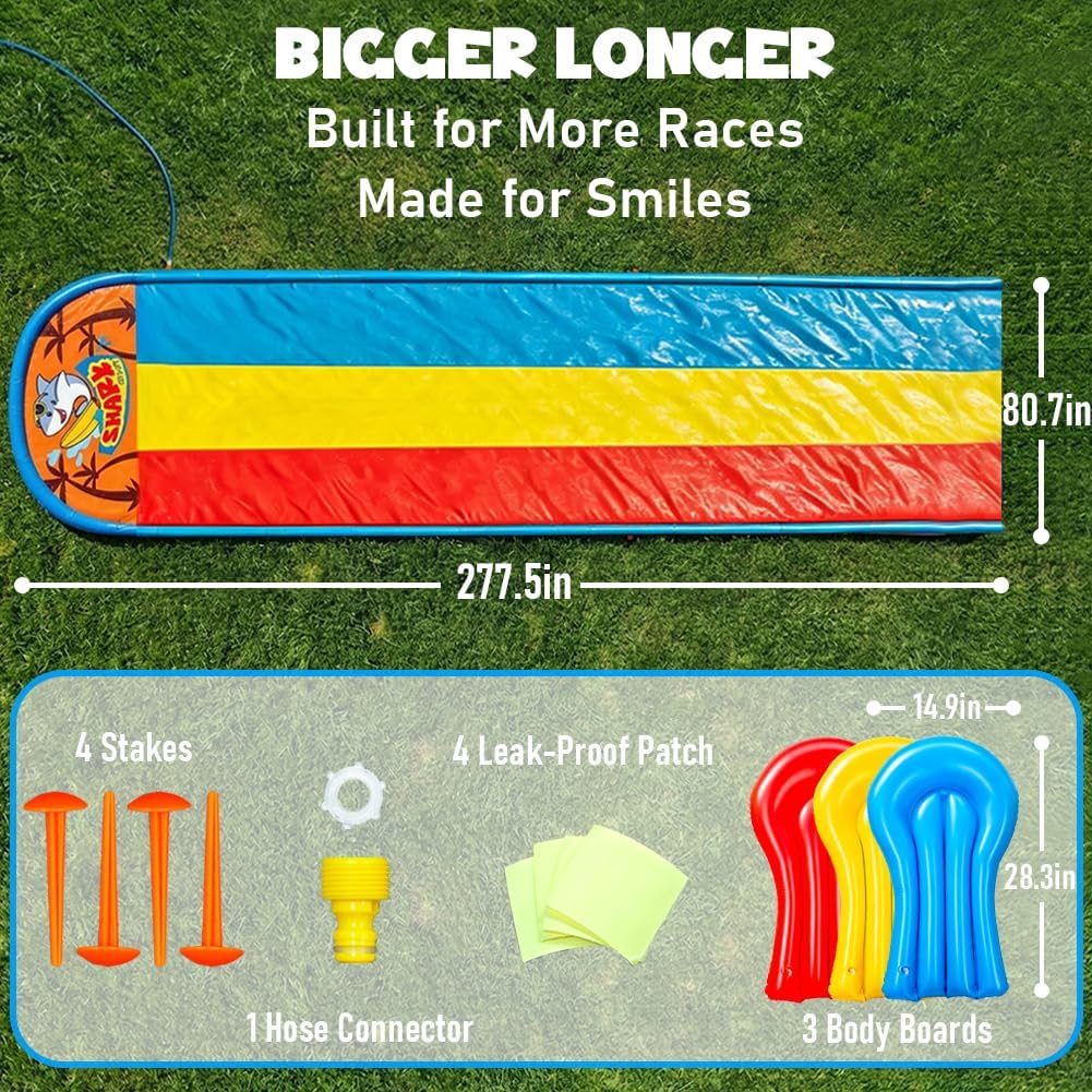 23FT Triple Water Slide with 3 Inflatable Bodyboards, Lawn Slip Splash Slide with Built-In Sprinkler, Outdoor Backyard Water Slide for Kids & Adults