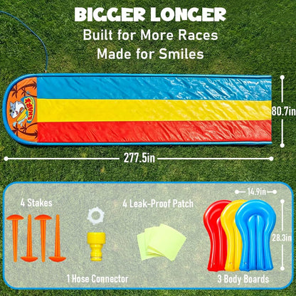 23FT Triple Water Slide with 3 Inflatable Bodyboards, Lawn Slip Splash Slide with Built-In Sprinkler, Outdoor Backyard Water Slide for Kids & Adults