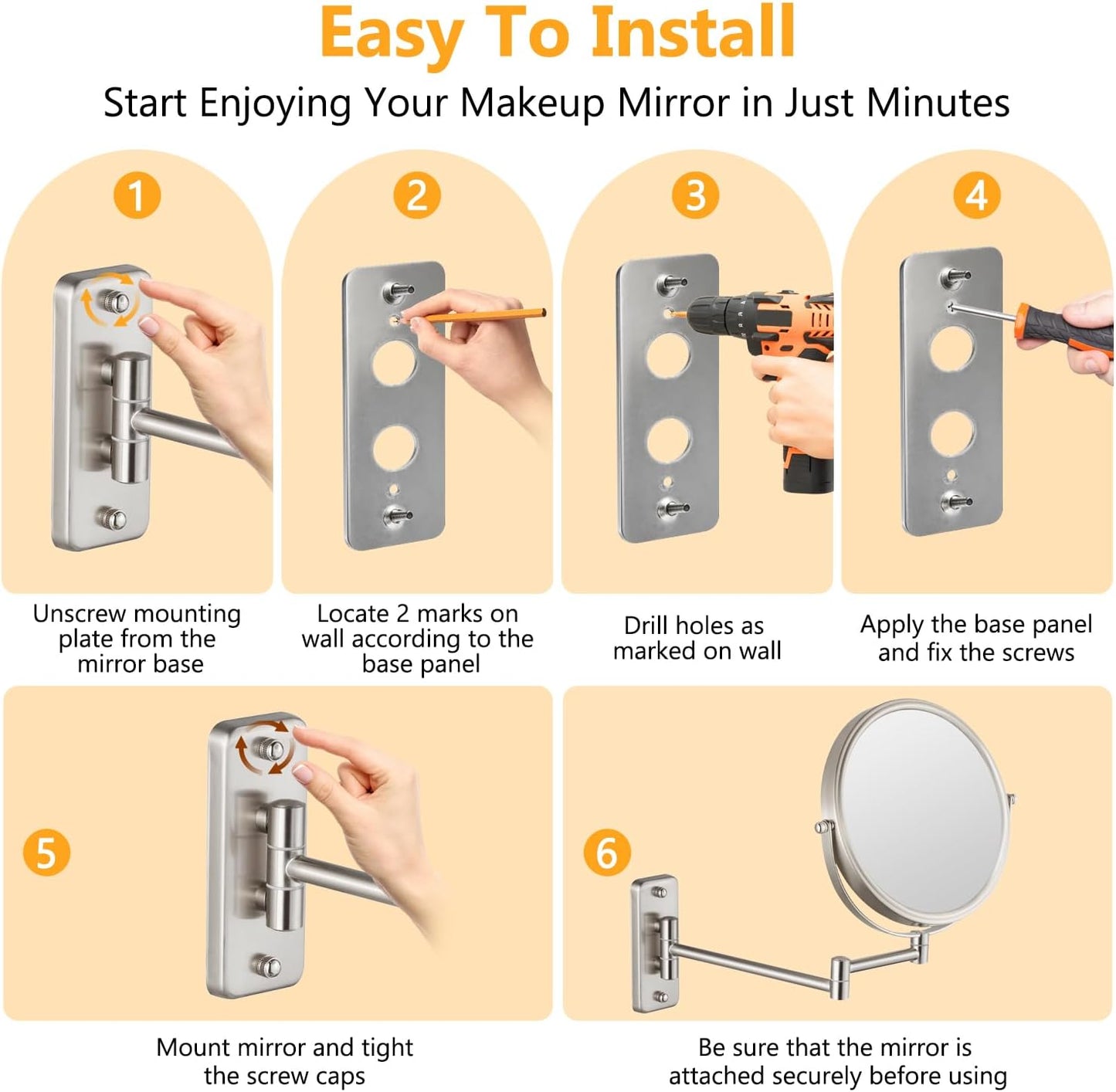Wall Mounted Makeup Mirror - 1X/10X Magnifying Mirror Double Sided, 8 Inch Extendable Bathroom Mirror, Nickel Finish