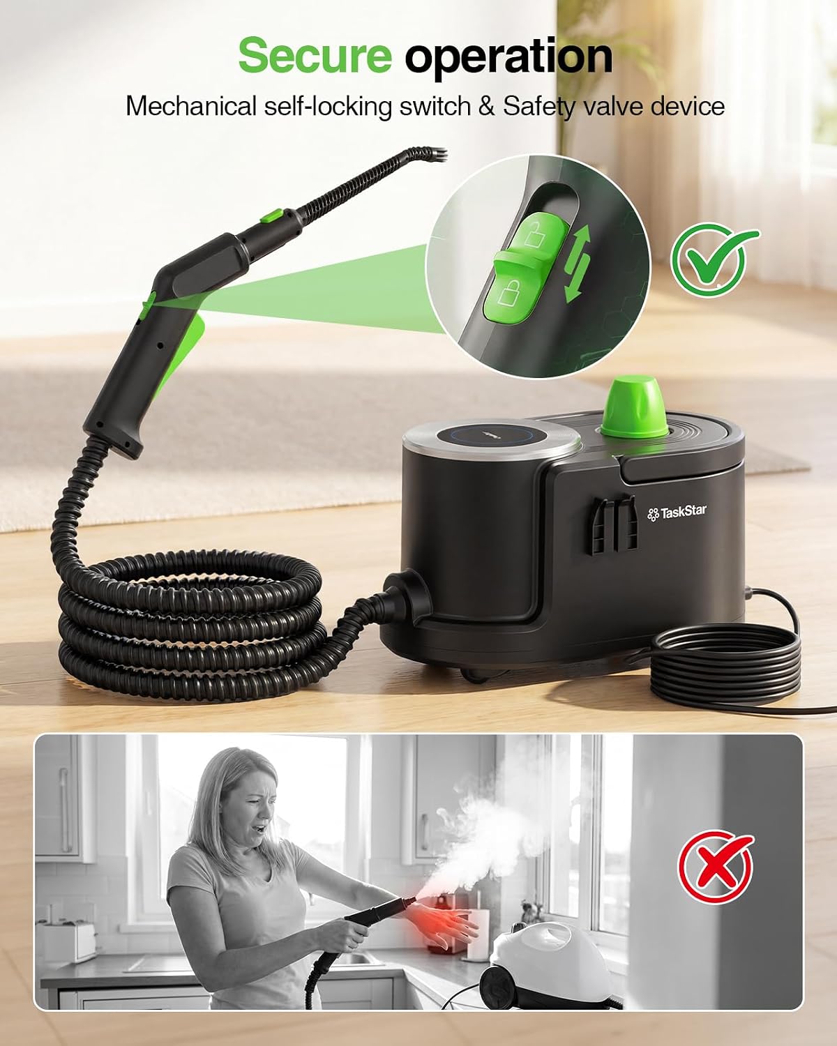 TaskStar Steam Cleaner, High Pressure Steamer for Floors, Grease and Grills 230°F Deep Cleaning, 1.6L Large Tank, 22-Piece Kit, for Carpets, Kitchen, Range Hoods, Tiles, Grout, Upholstery, Cars & More