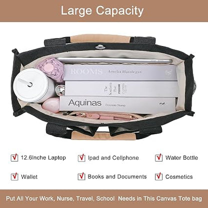 GASSDA Canvas Tote Bag for Women, Large Work Purse with Laptop Sleeve, Pockets, Zipper Closure & Adjustable Crossbody Strap, Black