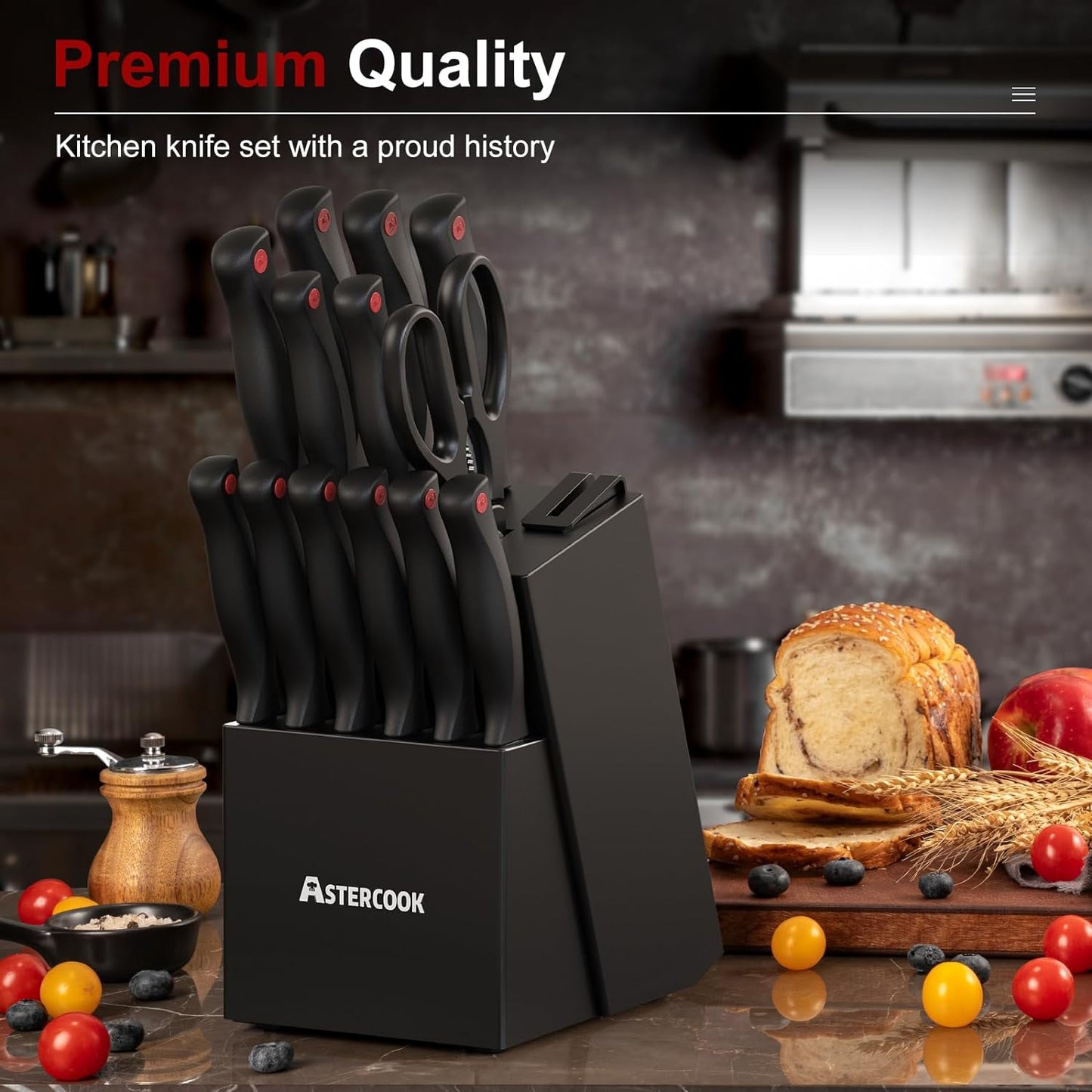 Astercook Knife Set for Kitchen with Block and Sharpener 15pcs German