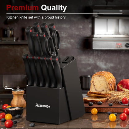Astercook Knife Set for Kitchen with Block and Sharpener 15pcs German