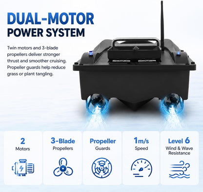 Poggyyi RC Fishing Bait Boat with GPS Positioning, 1968.5 ft Remote Control, 4.4 lb Loading Capacity, 5200mAh Rechargeable Battery, LED Night Lights, Carrying Bag