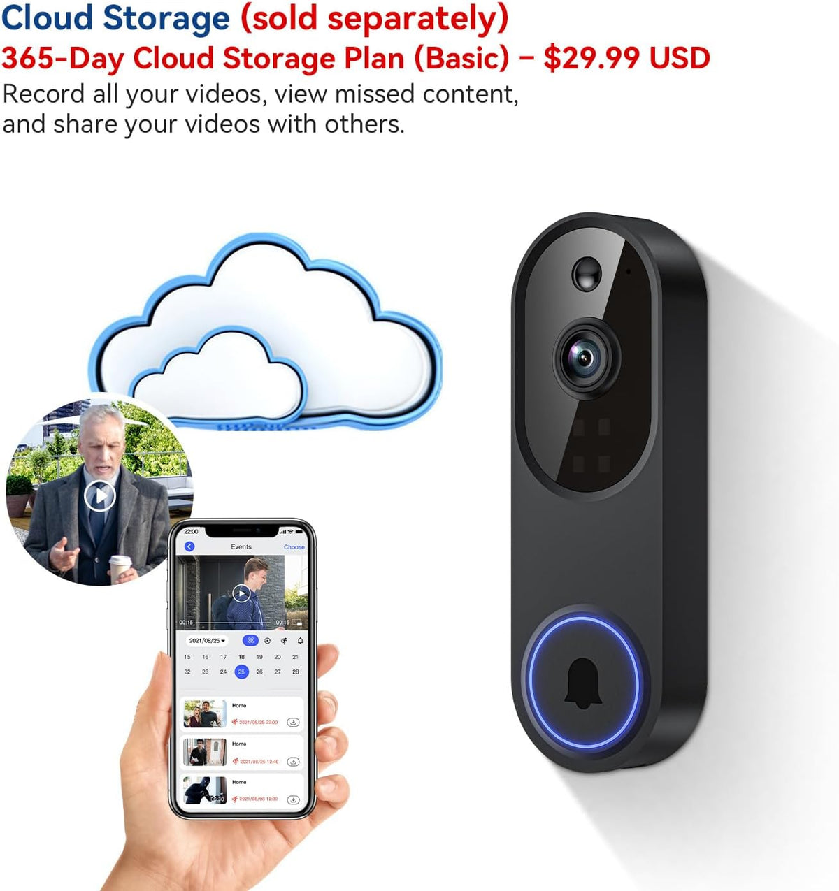 SearByte 1080P Wireless Video Doorbell Camera, Battery Powered with Color Night Vision, 2-Way Audio, Motion Alerts, 2.4GHz Wi-Fi