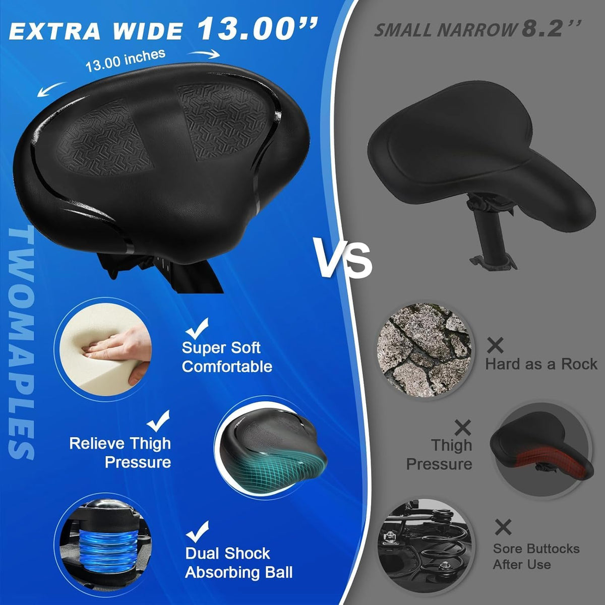 Twomaples Noseless Bike Seat Cushion for Men & Women, Extra-Wide Padded Bicycle Saddle with Memory Foam & Cooling Gel, Comfortable Seat for Exercise, Peloton, E-Bikes & Cruiser Bikes, Black