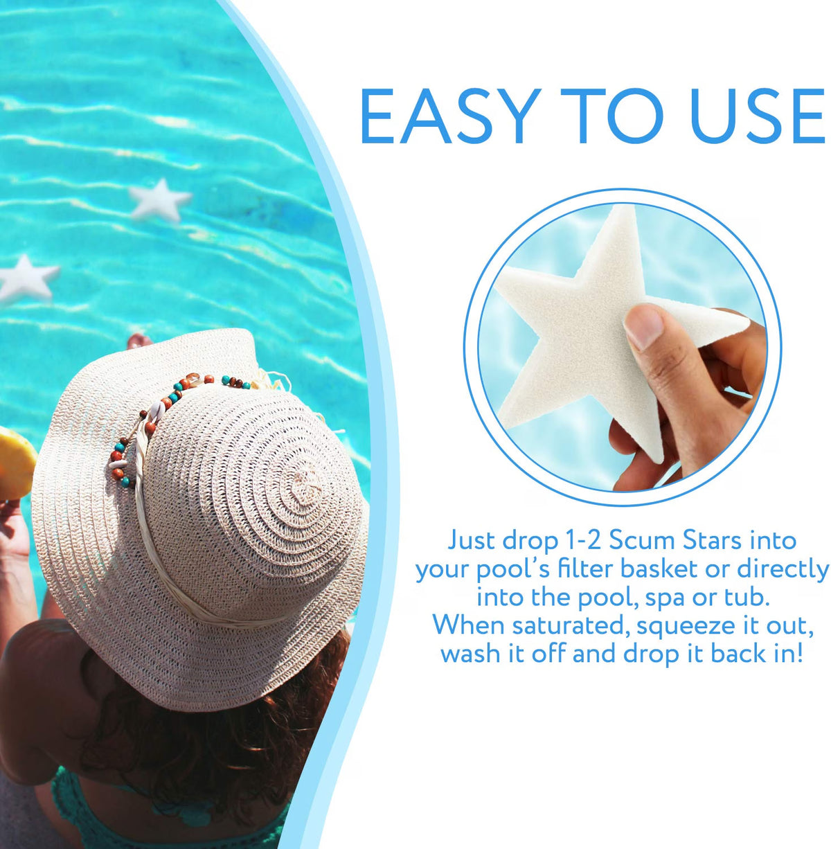 IMPRESA Scum Star Swimming Pool & Hot Tub Oil Absorbing Sponge, 3-Pack, Star-Shaped Spa Scum Absorber & Skimmer Sponge, White, Made in USA