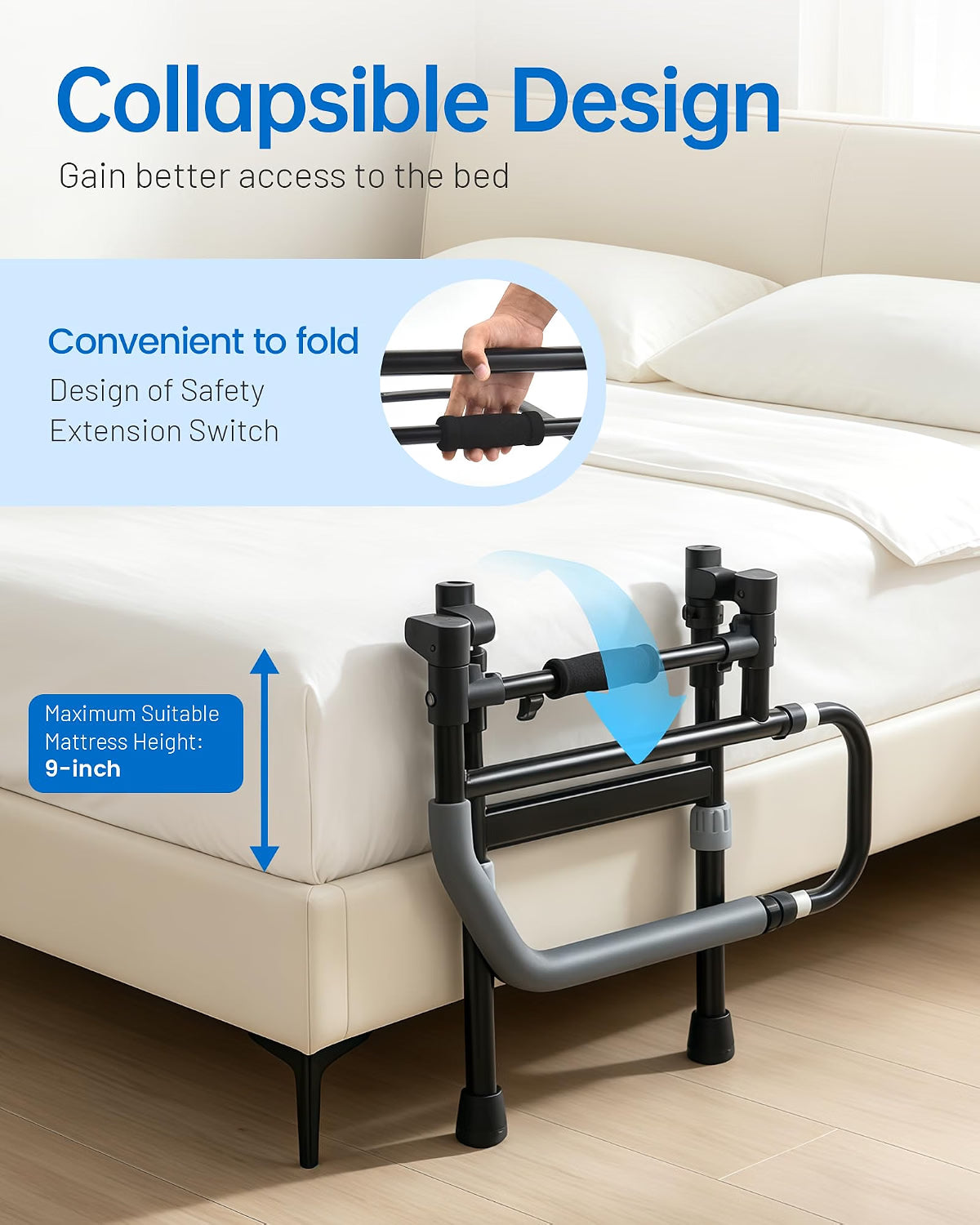 HyperionFlo Essentials Foldable Safety Bed Rail, Adjustable Height Bed Assist Rail with Storage Pocket, Steel Bedside Support Handle, Black