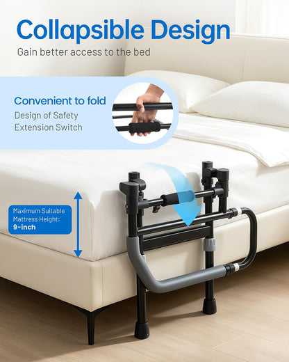 HyperionFlo Essentials Foldable Safety Bed Rail, Adjustable Height Bed Assist Rail with Storage Pocket, Steel Bedside Support Handle, Black