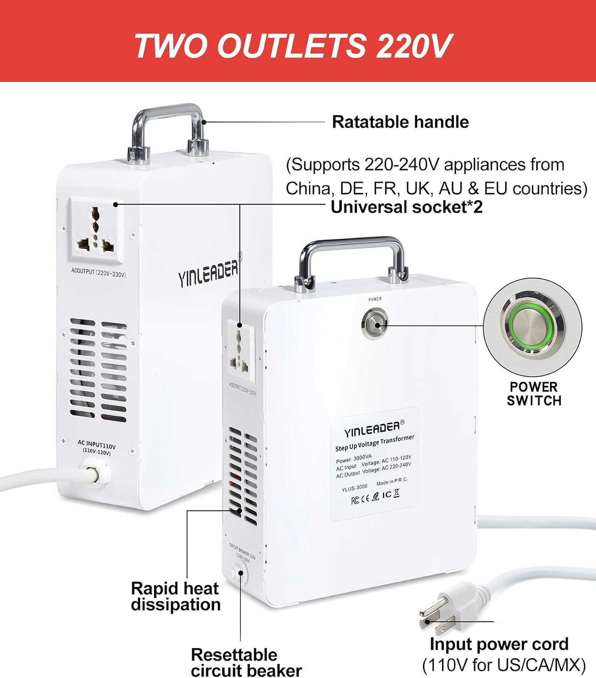 Yinleader 3000W 110v to 220v Converter Step Up Voltage Transformer 110v/120V to 220V/240V for Euro/Asia/DE/FR/UK/AU Appliances Used in US/CA/MX(White)