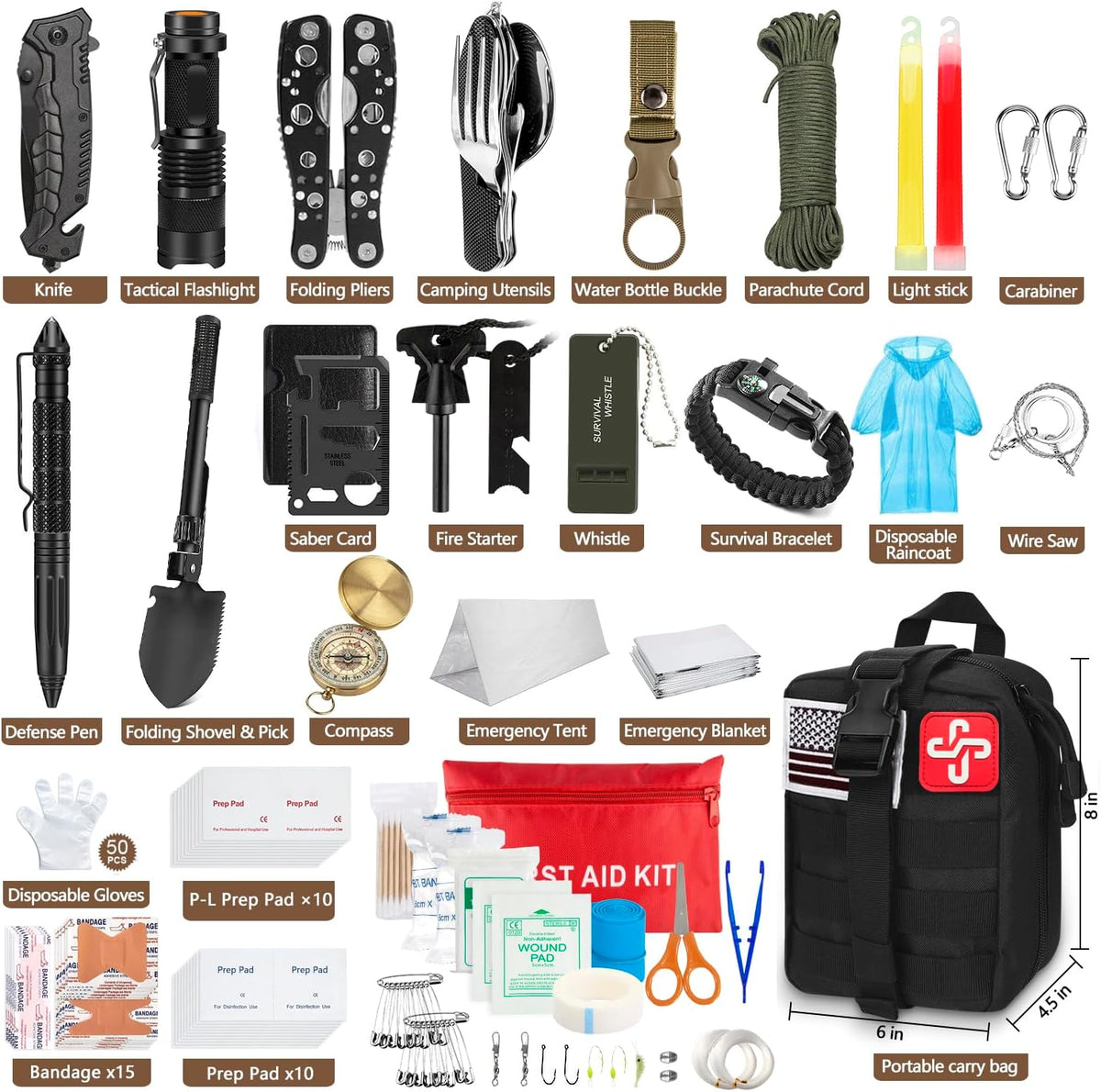 TAIMASI 238 Pcs Emergency Survival Kit with First Aid Kit and Molle Pouch Survival Gear Emergency Supplies Emergency Tent for Earthquake, Outdoor Adventure, Camping, Hiking, Hunting