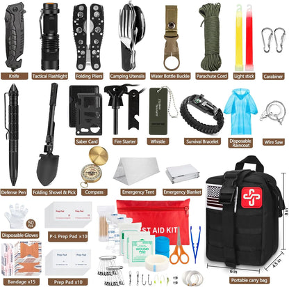 TAIMASI 238 Pcs Emergency Survival Kit with First Aid Kit and Molle Pouch Survival Gear Emergency Supplies Emergency Tent for Earthquake, Outdoor Adventure, Camping, Hiking, Hunting