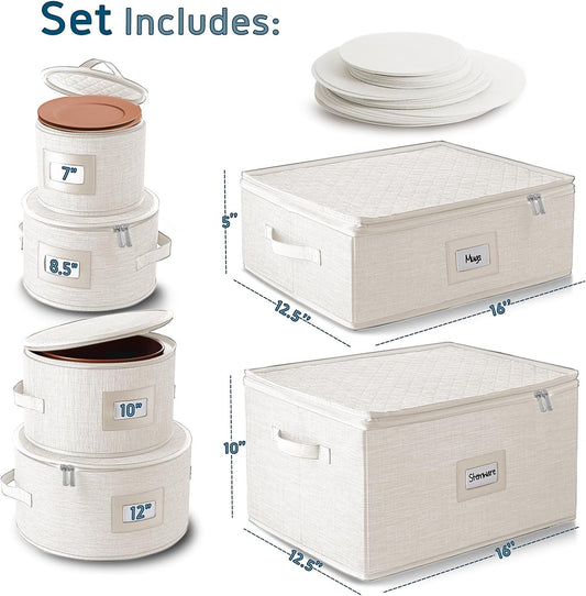 Hearth & Harbor Fine China Storage Containers Hard Shell 6 Piece Set, Cream Quilted, Mugs, Cups & Plates Stackable Dish Storage, Moving Boxes with Felt Dividers, Seasonal Organization, Service of 12