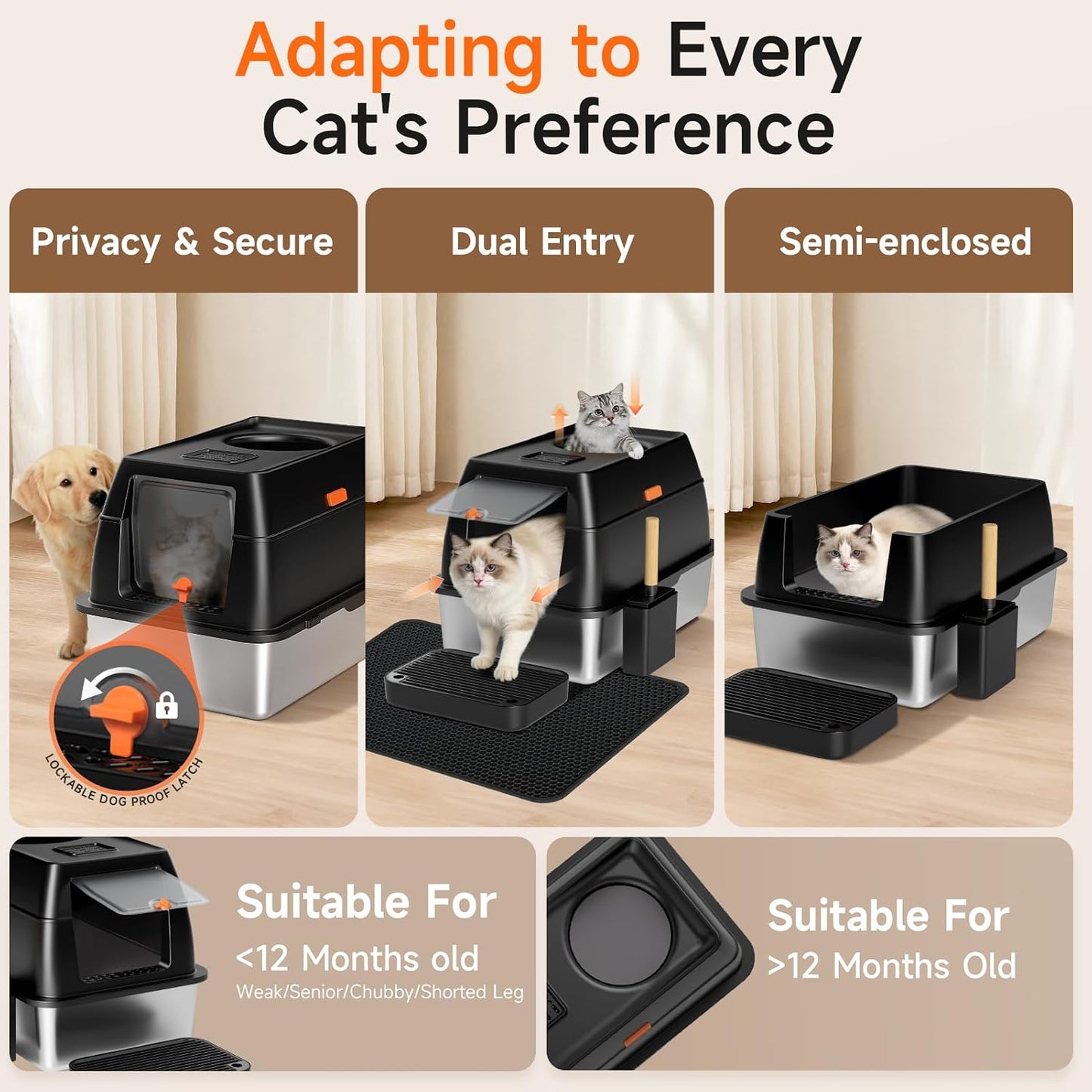 TEVILA XL Enclosed Stainless Steel Litter Box with Lid, Black, High-Sided Cat Litter Box with Scoop, Step & Mat, X-Large