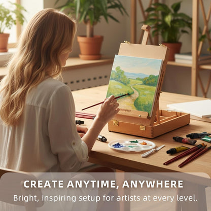 Falling in Art 27-Piece Beechwood Tabletop Easel Box Set, Acrylic Painting Kit with Easel Box, Canvas Panels, Brushes, Paints, Palette & Mixing Knife, White & Red