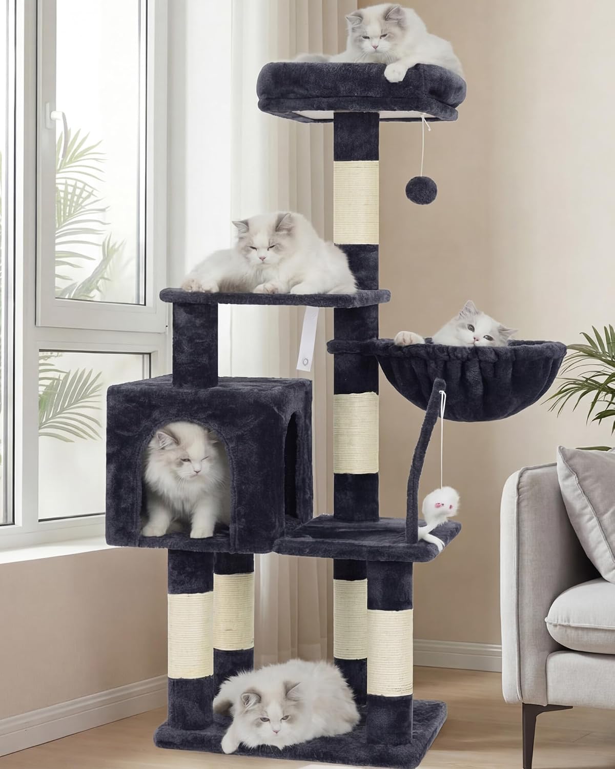 Heybly Cat Tree, 43.3-Inch Cat Tower for Indoor Cats, 4-Level Cat Condo with Basket, Top Perch, Scratching Posts & Toys, Smoky Gray