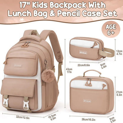 Fimibuke Girls School Backpack Set, 3-Piece Waterproof Backpack with Insulated Lunch Bag & Pencil Case, Large School Bookbag for Kids & Teens, Khaki