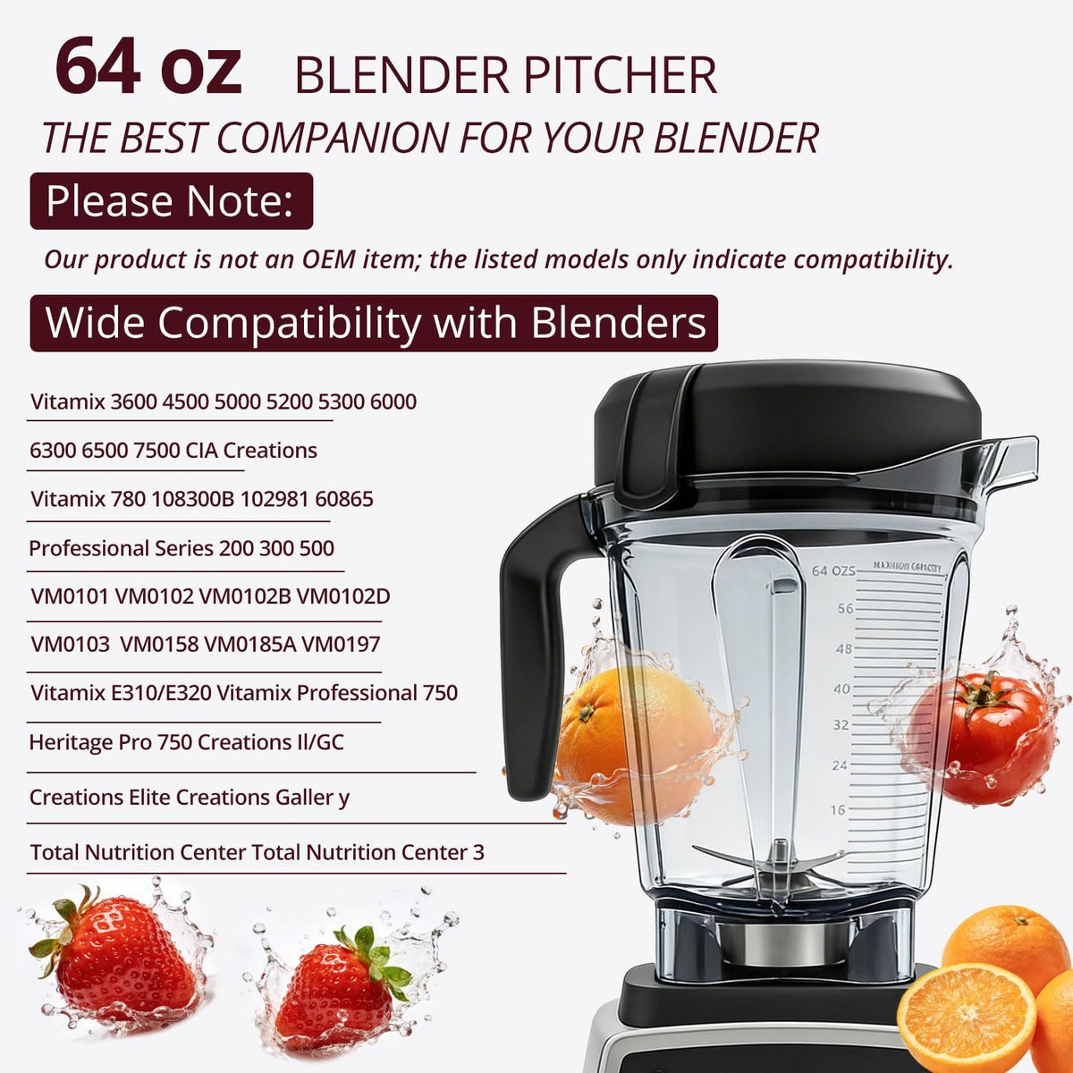 64oz Low-Profile Blender Pitcher Replacement Cup Compatible with Vitamix BPA-Free Compatible with 5200 750 7500 6300 VM0102 VM0103 VM0197 E310, Classic/Explorian/Commercial Series Jar Cup
