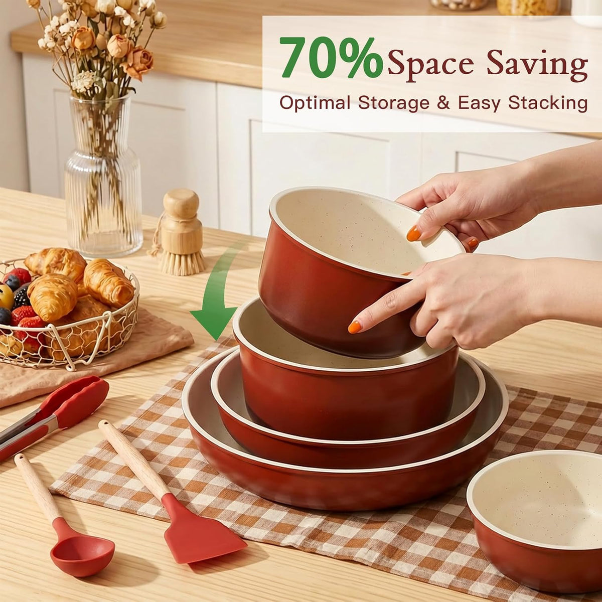 GIPP Pots and Pans Set Non Stick,Kitchen Cookware Set Detachable Handle, Non Toxic Cooking Pan Set with Frying Pans Set,RV Cookware Sets for All Stoves, Red...
