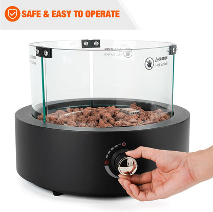 15.7" Gas Fire Pit Bottom-Mounted for Table with Umbrella Hole, FP039 Portable Smokeless Propane Fireplace with Lava Rocks & Glass Shield for Outdoor Patio Backyard Camping RV Tailgating, Round