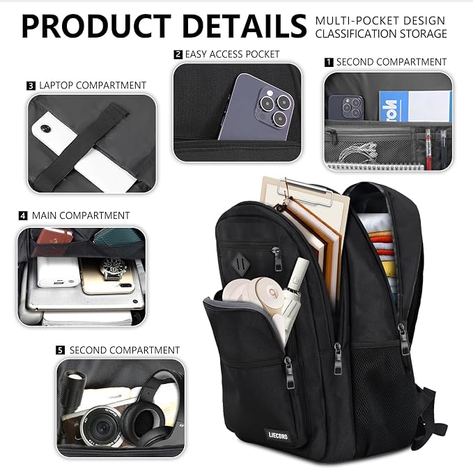 LIECDRO Black Backpack for Men, 17.3-Inch Laptop School Backpack for Boys & Teens, Waterproof Travel Work College Backpack with Multiple Pockets, Anti-Theft Pocket & Luggage Strap