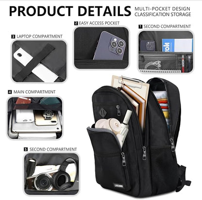 LIECDRO Black Backpack for Men, 17.3-Inch Laptop School Backpack for Boys & Teens, Waterproof Travel Work College Backpack with Multiple Pockets, Anti-Theft Pocket & Luggage Strap